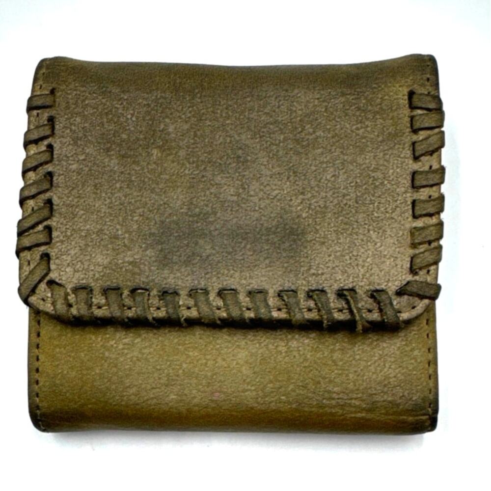 Hobo Olive Brown Whipstitch Distressed Shimmer Stardust Leather Compact Wallet